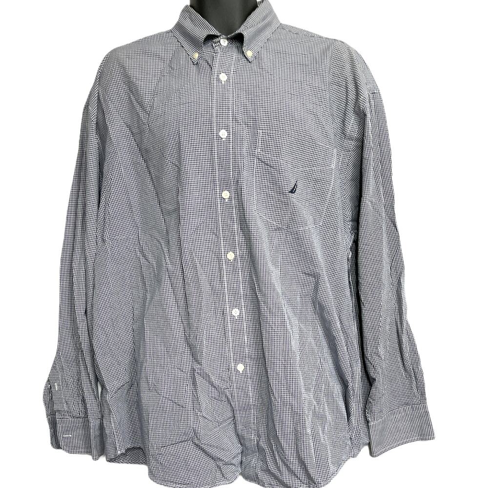 Nautica Shirt Men XL Blue Checkered Button Up 100% Cotton Long Sleeve STAIN
